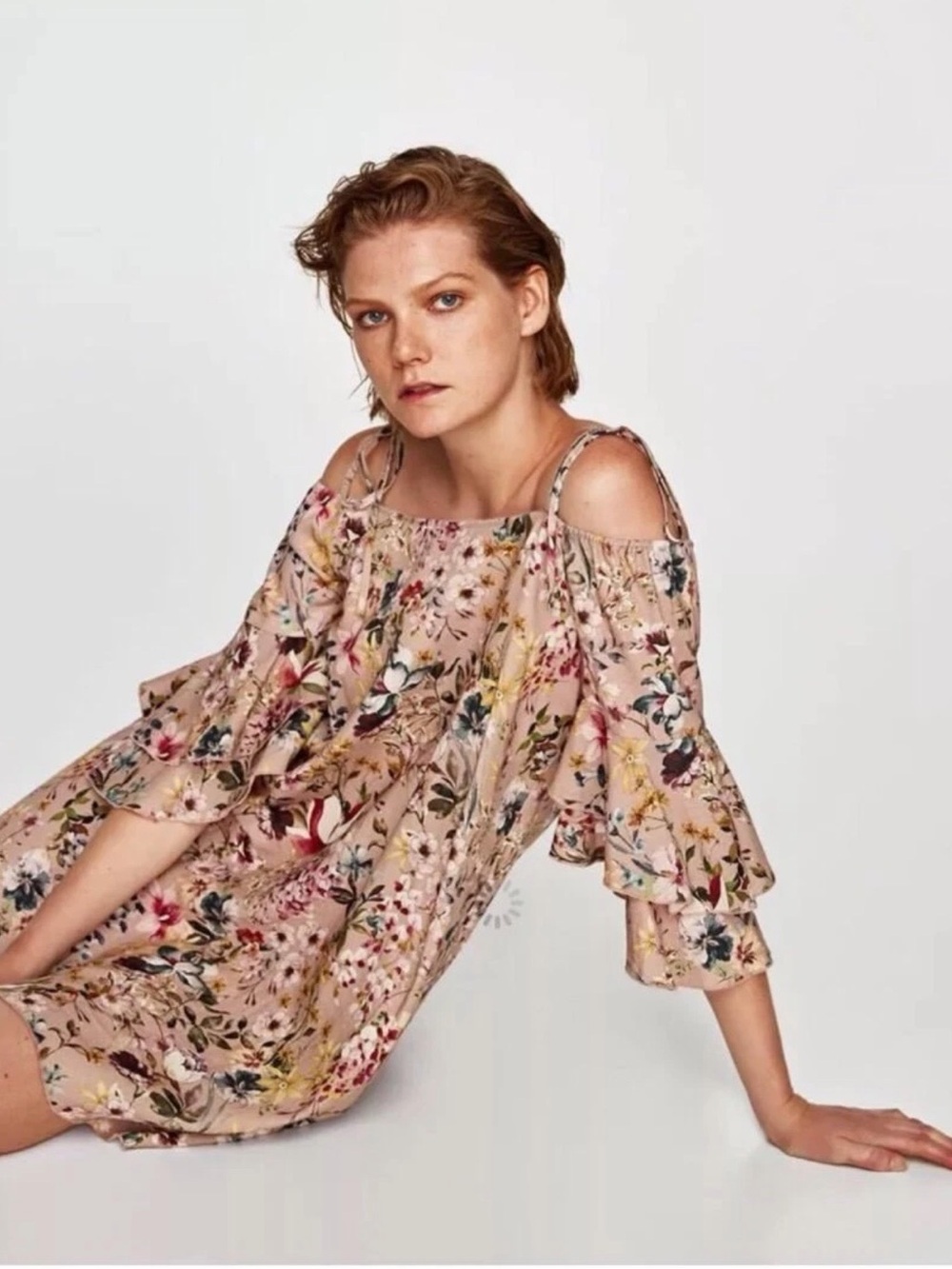 ZARA BASIC Floral Cold Shoulder Dress XS Pink Ruffle Sleeve Linen Blend Mini